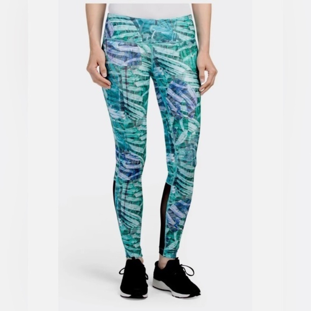 MPG Sport Womens‎ Tropical Palm Print Mesh Panel Leggings Teal Green Blue Small